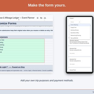 The Customize Forms tab, where the dropdowns become yours: event planner trip purposes such as venue site visit, client meeting and vendor meeting, plus your own payment methods.