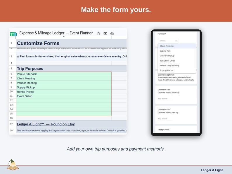 The Customize Forms tab, where the dropdowns become yours: event planner trip purposes such as venue site visit, client meeting and vendor meeting, plus your own payment methods.