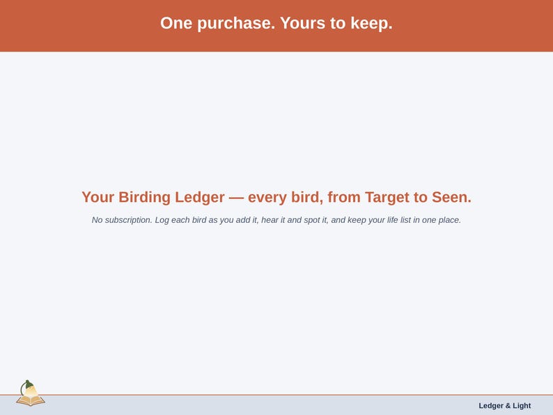Closing slide for the Birding Ledger - one purchase, every bird you hope to find and have seen in one list.