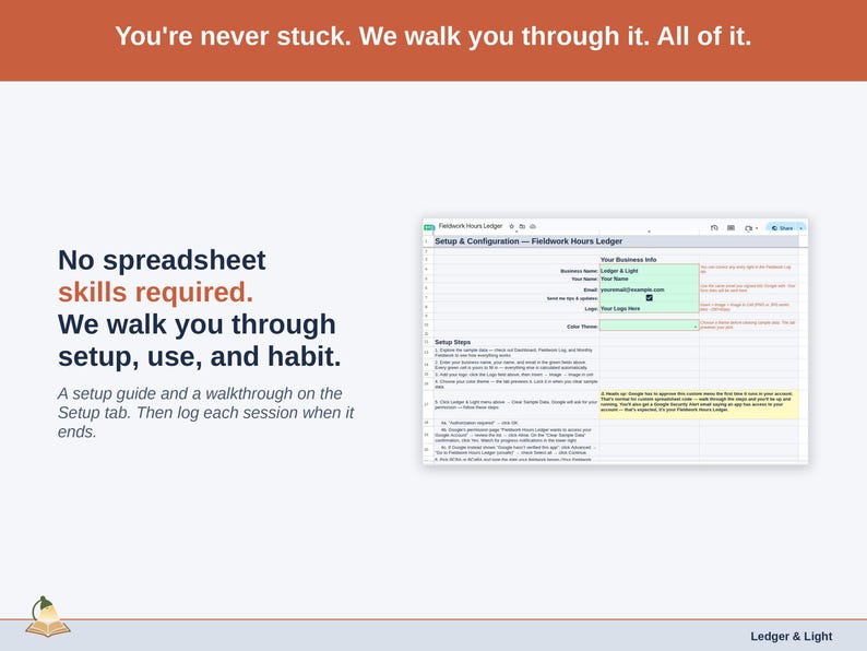 The Setup tab with its Setup Steps walkthrough — your info, theme pick and the Google authorization, then your fieldwork rules.