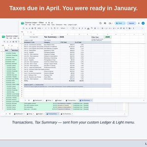 Two exported cards side by side — Tax Summary and Transactions — sent from the Expense Ledger’s custom Ledger & Light menu. A maker year, ready to hand over.