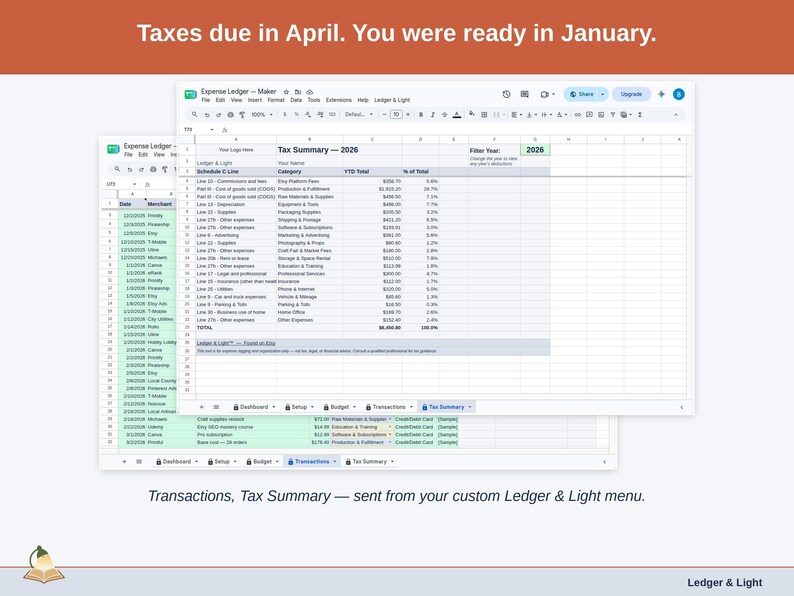 Two exported cards side by side — Tax Summary and Transactions — sent from the Expense Ledger’s custom Ledger & Light menu. A maker year, ready to hand over.