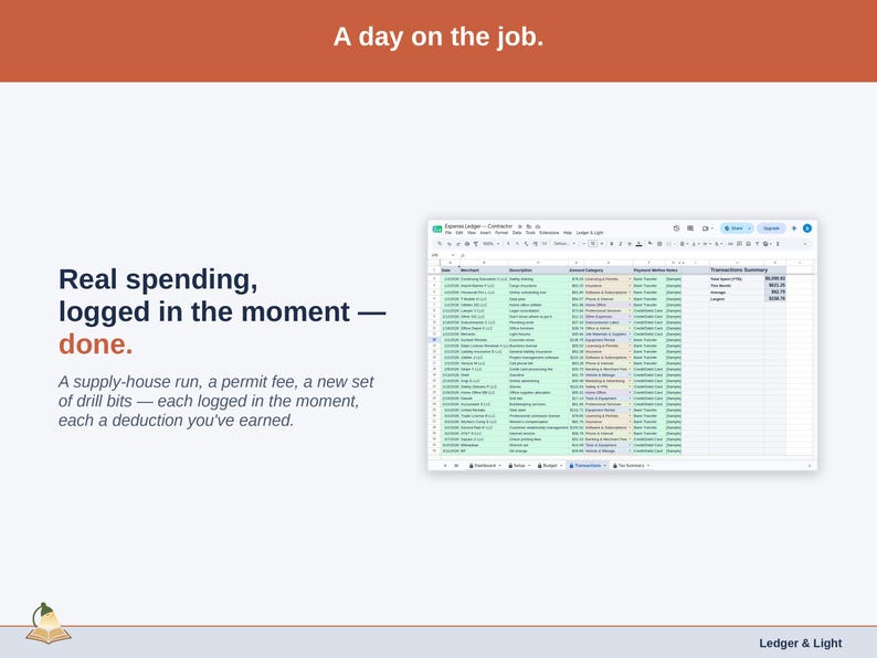 The Transactions tab showing one real day of contractor spending — a supply-house run, a permit fee, a new set of drill bits — each logged in the moment, each a deduction you’ve earned.