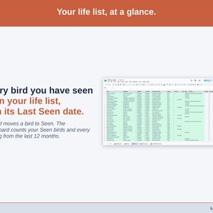 The Items tab on a laptop beside a statement on your life list: Spotted moves a bird to Seen, and the Dashboard counts your Seen birds and your sightings from the last 12 months.