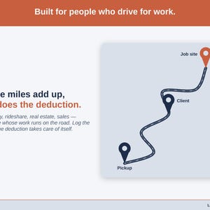 An illustrated route map — built for maker work that runs on the road. Delivery, rideshare, real estate, sales — anyone whose work runs on the road. Log the trips; the deduction takes care of itself.