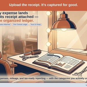 Closing slide, captioned receipt photos attached, one central ledger, yours to keep. Every salon professional expense lands with its receipt attached, in one ledger that stays in your own Drive.