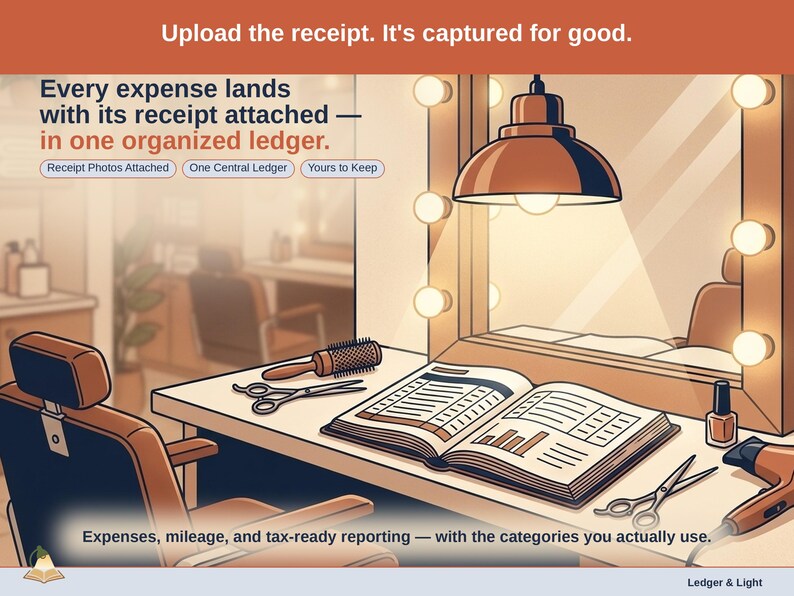 Closing slide, captioned receipt photos attached, one central ledger, yours to keep. Every salon professional expense lands with its receipt attached, in one ledger that stays in your own Drive.