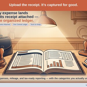 Closing slide, captioned receipt photos attached, one central ledger, yours to keep. Every notary expense lands with its receipt attached, in one ledger that stays in your own Drive.