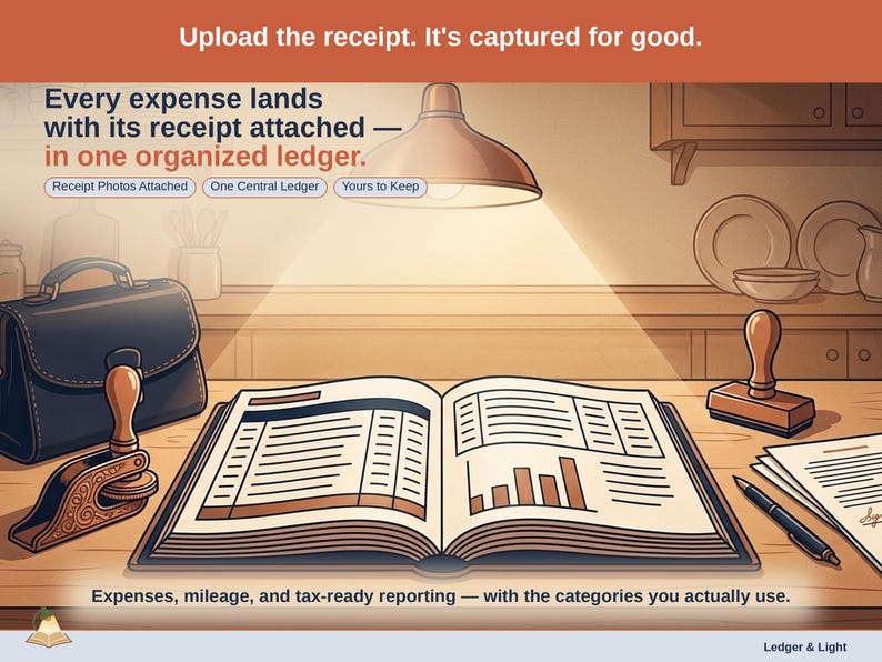 Closing slide, captioned receipt photos attached, one central ledger, yours to keep. Every notary expense lands with its receipt attached, in one ledger that stays in your own Drive.