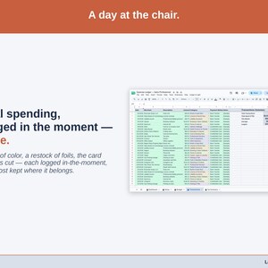 The Transactions tab showing one real day of salon professional spending — a tube of color, a restock of foils, the card reader’s cut — each logged in-the-moment, each cost kept where it belongs.