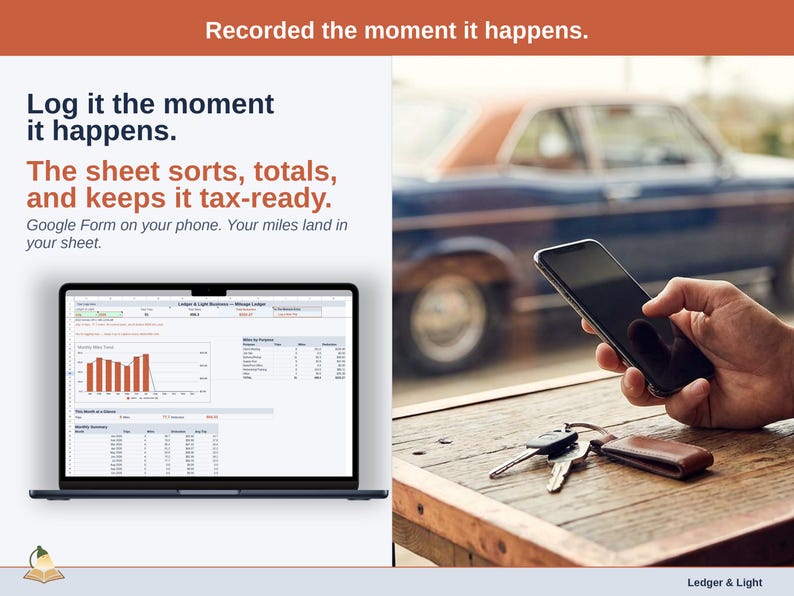 A laptop open to the Dashboard of a photographer Mileage Ledger in Google Sheets, with the headline “Log it the moment it happens. The sheet sorts, totals, and keeps it tax-ready”. Google Form on your phone. Your miles land in your sheet.