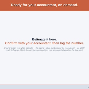 Typographic slide on the accountant handoff: the federal and state figures and the reserve grid, emailed or exported as a PDF ready to forward. For planning, not tax advice.
