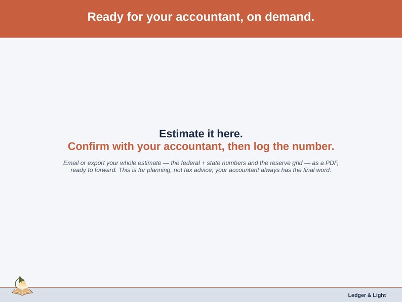 Typographic slide on the accountant handoff: the federal and state figures and the reserve grid, emailed or exported as a PDF ready to forward. For planning, not tax advice.