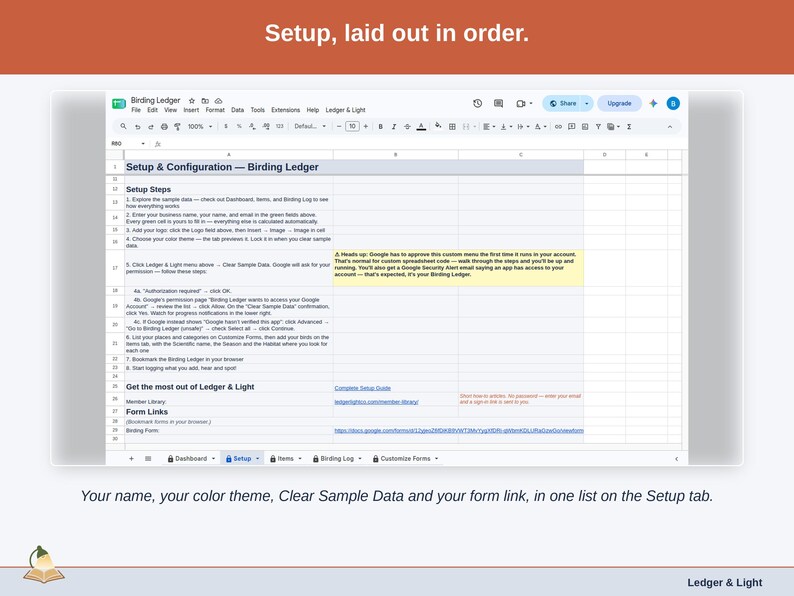 The Setup tab: your name, color theme, Clear Sample Data and the form link in one list.