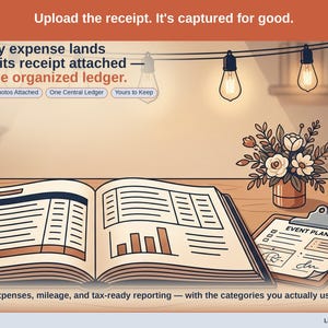 Closing slide, captioned receipt photos attached, one central ledger, yours to keep. Every event planner expense lands with its receipt attached, in one ledger that stays in your own Drive.
