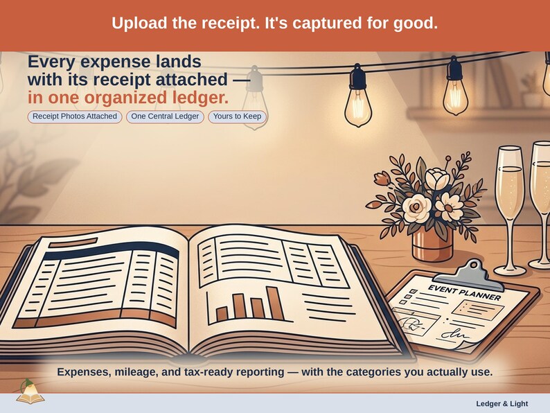 Closing slide, captioned receipt photos attached, one central ledger, yours to keep. Every event planner expense lands with its receipt attached, in one ledger that stays in your own Drive.