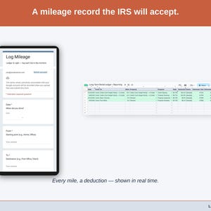 The Mileage Log tab — date, purpose, start and end odometer, miles, and the deduction at the IRS standard rate, calculated per trip. A long-term rental driving record built to be accepted.