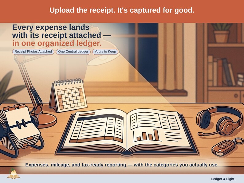 Closing slide, captioned receipt photos attached, one central ledger, yours to keep. Every freelancer expense lands with its receipt attached, in one ledger that stays in your own Drive.