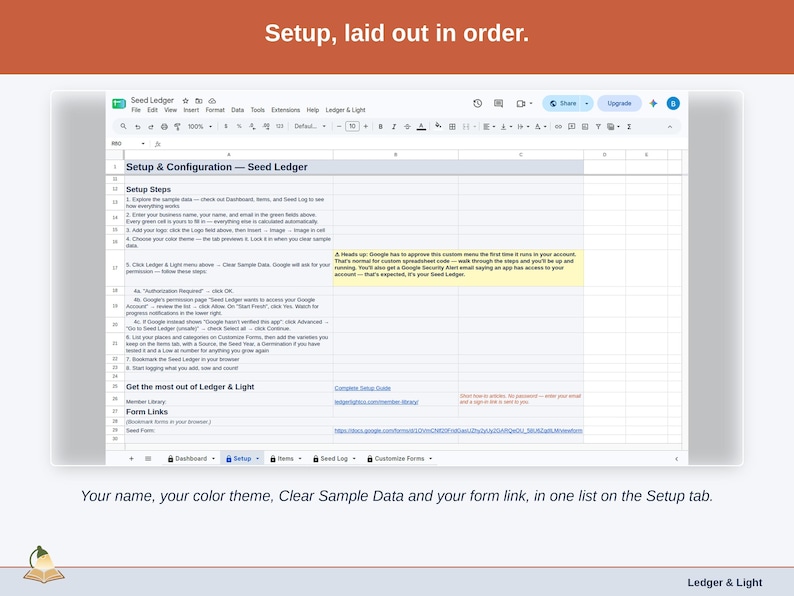 The Setup tab: your name, color theme, Clear Sample Data and the form link in one list.