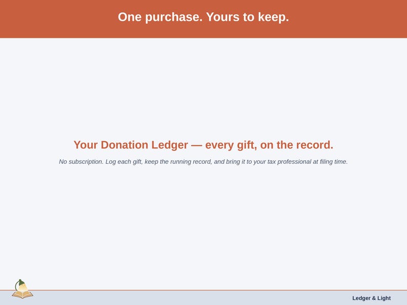 Closing slide for the Donation Ledger: one purchase, every gift on the record.