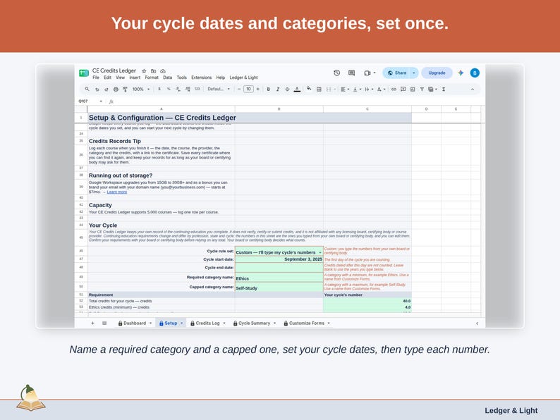 The Setup tab’s cycle section: a required category, a capped category, the cycle start and end dates, and the credit numbers for each.
