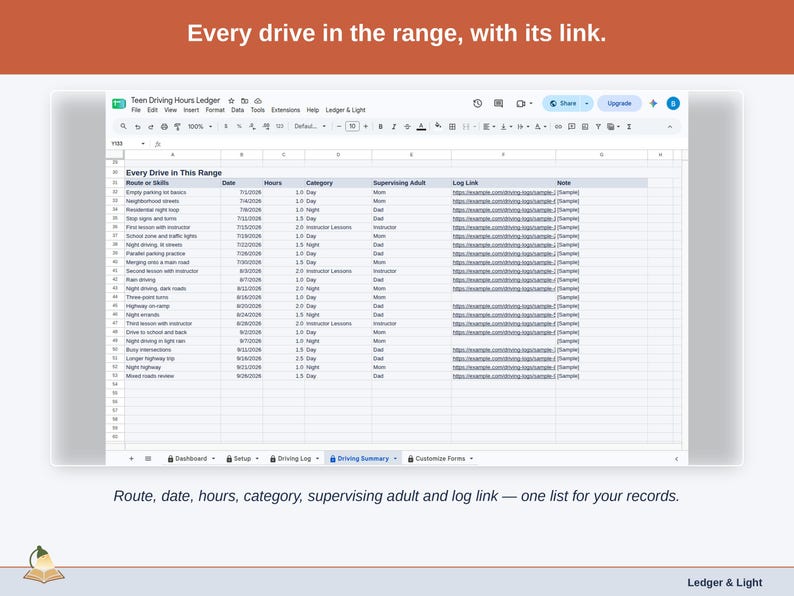 The Driving Summary’s drive list: route, date, hours, category, supervising adult and log link for every drive in the range you pick.