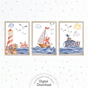 Watercolor Coastal Prints, Nautical Nursery Prints, Sailboat Lighthouse Printable Wall Art, Seaside Ocean  Nursery Decor, Kids Room Wall Art