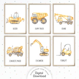 Construction Trucks Nursery Prints, Boy Room Construction Truck Wall Art, Watercolor Truck Vehicles Posters, Playroom Truck Vehicles Posters