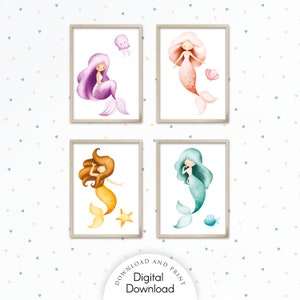 Mermaid Nursery Print, Girl Room Decoration, Mermaid Wall Art