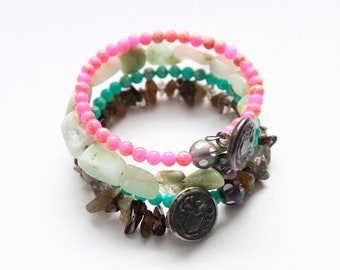 Boho Wrap Bracelet - Chrysoprase with neon serpentine and labradorite with vintage buttons