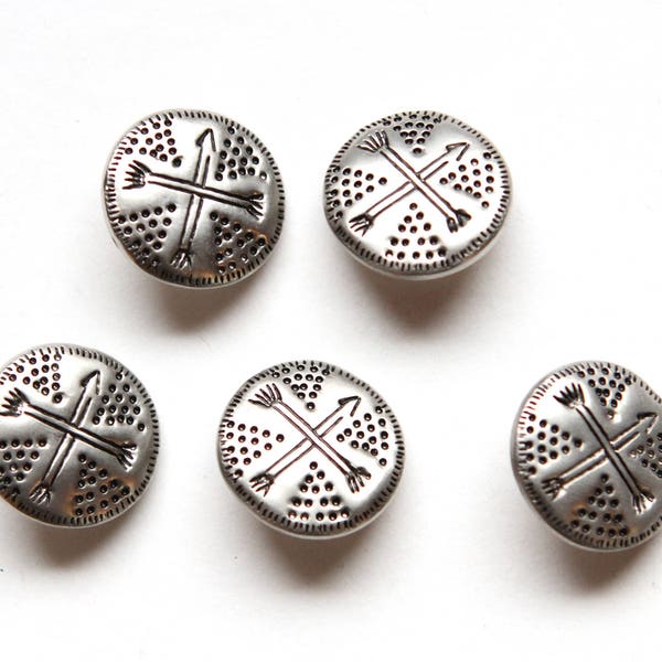 Arrow Buttons, 10 matching silver buttons, silver plastic buttons, bulk buttons, boho buttons, bohemian buttons, crossed arrows