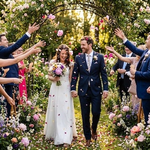 May include: A newly married couple walks down a flower-lined aisle, showered with petals. The bride wears a white gown and holds a bouquet. The groom is in a navy suit. Guests in formal attire celebrate the couple's wedding.