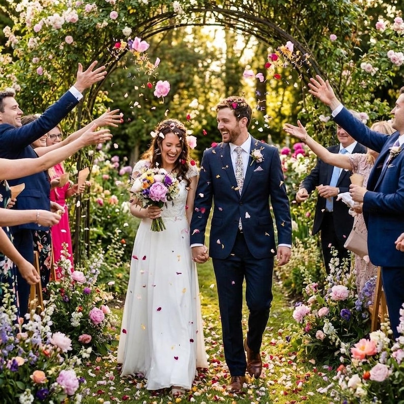 May include: A newly married couple walks down a flower-lined aisle, showered with petals. The bride wears a white gown and holds a bouquet. The groom is in a navy suit. Guests in formal attire celebrate the couple's wedding.
