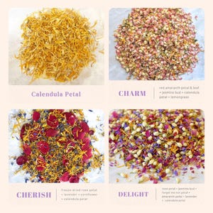 Op de afbeelding: Een vierdelige collage van gedroogde botanische mengsels. Linksboven: gele goudsbloemblaadjes. Rechtsboven: Charm-mix met rode amarant, jasmijnknoppen, goudsbloem en citroengras. Linksonder: Cherish-mix met rozenblaadjes, lavendel en korenbloem. Rechtsonder: Delight-mix met roos, jasmijn, vergeet-mij-nietje, amarant, lavendel en goudsbloem.