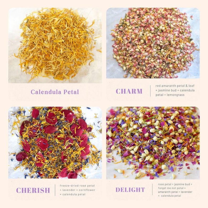 Op de afbeelding: Een vierdelige collage van gedroogde botanische mengsels. Linksboven: gele goudsbloemblaadjes. Rechtsboven: Charm-mix met rode amarant, jasmijnknoppen, goudsbloem en citroengras. Linksonder: Cherish-mix met rozenblaadjes, lavendel en korenbloem. Rechtsonder: Delight-mix met roos, jasmijn, vergeet-mij-nietje, amarant, lavendel en goudsbloem.