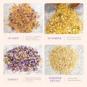 Op de afbeelding: Vier hopen gedroogde botanische mengsels. Sunset bevat statice, goudsbloem, chrysant, citroengras en saffloer. Sunshine bevat jasmijn en chrysant. Violet bevat jasmijn, lavendel, statice en kittelbloem. Whisper Petals bevat jasmijn en rode amarant.