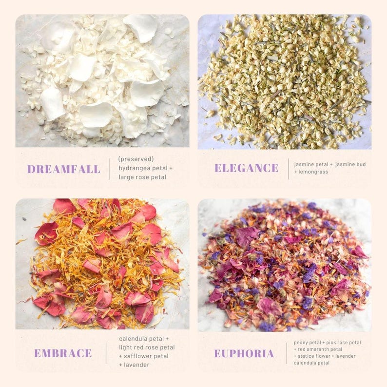 May include: A collage of four images showcasing dried flower petals. The top left displays white petals labeled "DREAMFALL." The top right shows small, light-colored petals labeled "ELEGANCE." The bottom left features orange and red petals labeled "EMBRACE." The bottom right displays pink and purple petals labeled "EUPHORIA."