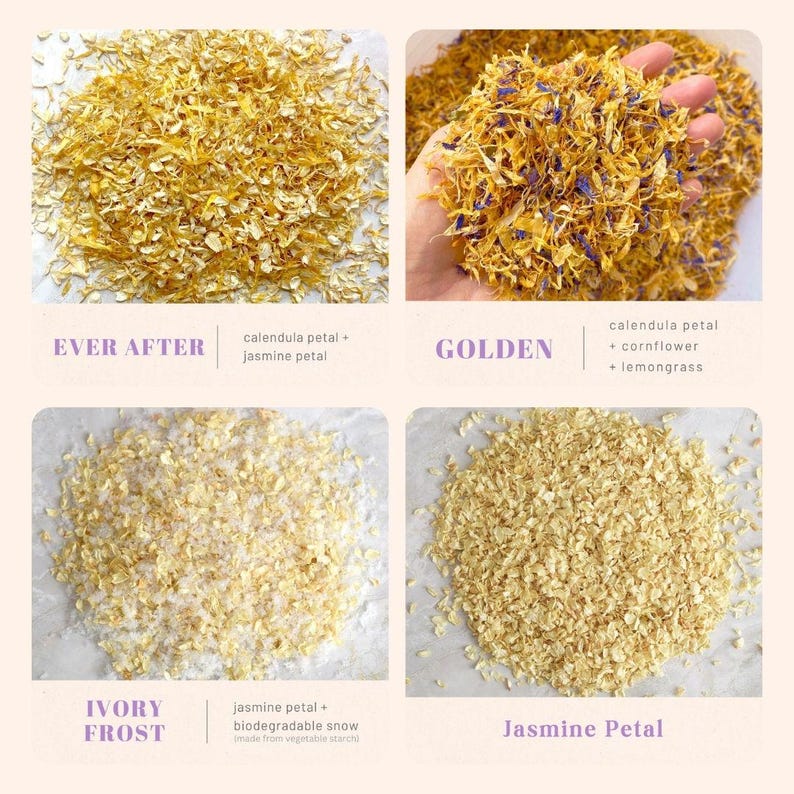 May include: Four images showcasing dried flower petals. The top left image is labeled "EVER AFTER" and contains calendula and jasmine petals. The top right image, labeled "GOLDEN", shows calendula, cornflower, and lemongrass petals. The bottom images are labeled "IVORY FROST" and "Jasmine Petal".