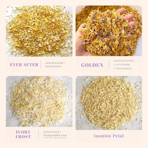 Op de afbeelding: Vier hopen gedroogde bloemblaadjes en botanische confetti. Linksboven: Ever After, goudsbloem en jasmijn. Rechtsboven: Golden, goudsbloem, korenbloem en citroengras. Linksonder: Ivory Frost, jasmijn en biologisch afbreekbare sneeuw.