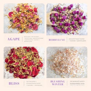Op de afbeelding: Vier verschillende botanische confetti-mixen met de labels Agape, Berryluxe, Bliss en Blushing Winter. Agape bevat pioenroos, roos, kittelbloem, jasmijn, goudsbloem, lavendel en saffloer. Berryluxe bevat amarant, lavendel en jasmijn. Bliss bevat roos, chrysant, lavendel en citroengras. Blushing Winter bestaat uit rode amarantblaadjes en biologisch afbreekbare sneeuw van plantaardig zetmeel.