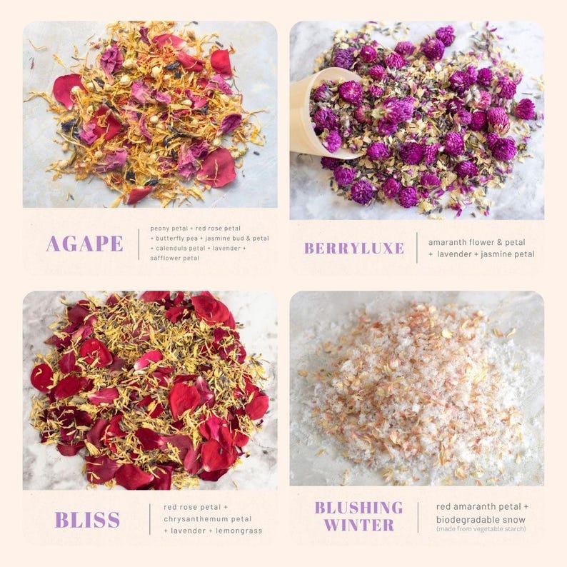 Op de afbeelding: Vier verschillende botanische confetti-mixen met de labels Agape, Berryluxe, Bliss en Blushing Winter. Agape bevat pioenroos, roos, kittelbloem, jasmijn, goudsbloem, lavendel en saffloer. Berryluxe bevat amarant, lavendel en jasmijn. Bliss bevat roos, chrysant, lavendel en citroengras. Blushing Winter bestaat uit rode amarantblaadjes en biologisch afbreekbare sneeuw van plantaardig zetmeel.