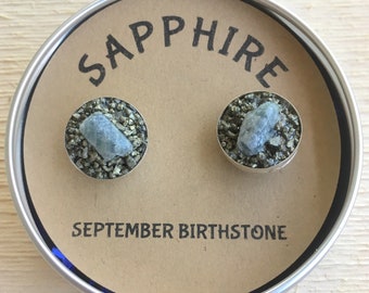 Sapphire Cufflink, September Birthstone, Solid Bronze, Raw Stone, birthstone  gift for boyfriend, gift for man, boss gift anniversery gift