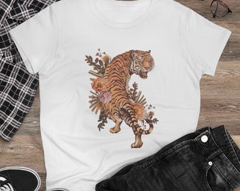 Tiger Botanical Women's Cotton Tee,  Zoo Shirt Gift, Tiger Tee Shirt, Floral Tiger Shirt, Vintage Shirt, Wildflower Shirt, Cottagecore
