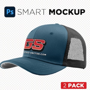 Plantilla de maqueta de diseño de gorra bordada para Photoshop PSD Gorra de béisbol y camionero (maqueta inteligente) Paquete de 2