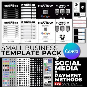 May include: A black and white small business template pack with social media and payment methods icons. The pack includes service and pricing templates, review and scan to pay options, business cards, and various social media icons.