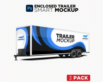 Beiliegender Rennanhänger Smart Mockup Vorlage PSD für Freelance Design 3 Ansichten Rennarbeit Frachtwagen Spediteur Schneemobil Anhänger