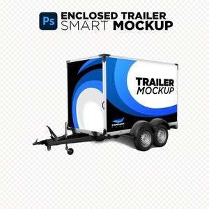 Può includere: Un mockup di rimorchio chiuso bianco con un design blu e nero. Il rimorchio ha il testo "TRAILER MOCKUP" sul lato. Il rimorchio è su uno sfondo bianco.