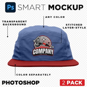 May include: A blue and red baseball cap mockup with a stitched layer style. The cap features a logo design with a tool and the text "COMPANY LOGO DESIGN".
