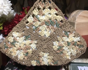 Hand Made Beige Multi Colored Triangular Granny Square Bag