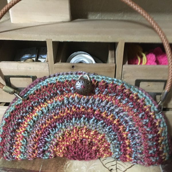 Hand Made Half Circle Multicolored Crochet Handbag- Button Closure- Brown Handle and Inside Lining Included